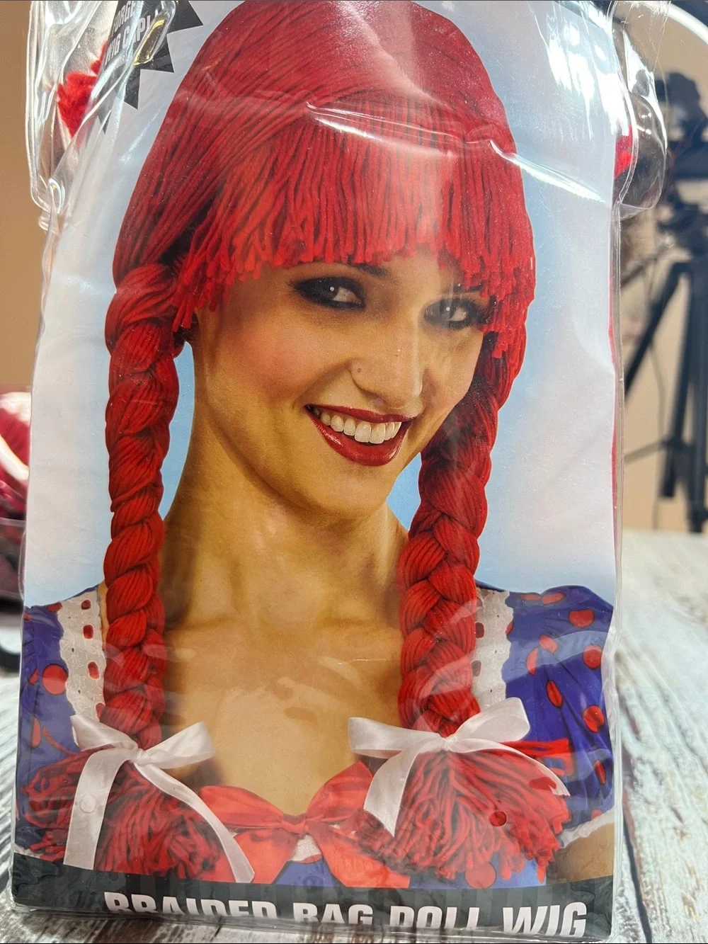 Braided Rag Doll Red Yarn Wig Costume Wig with Pigtail Braids & Bangs
